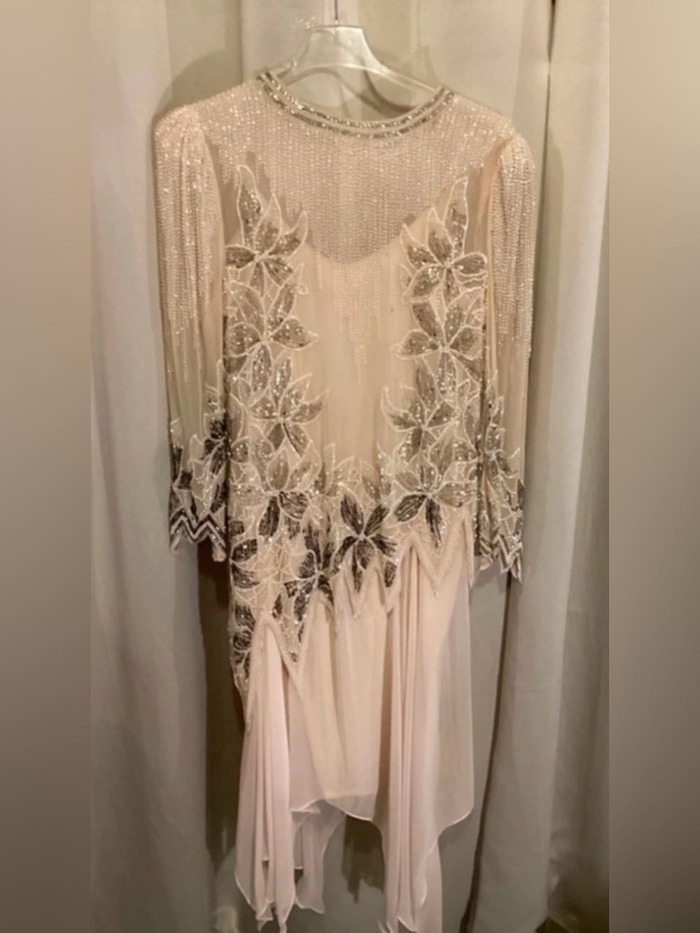 Embellished Light Peach Evening Dress with Floral Beaded Overlay